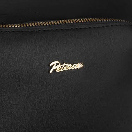 Schwarze Damen-Umhängetasche aus Nylon und Öko-Leder, an Griffen und einem abnehmbaren Gürtel aufgehängt - Peterson