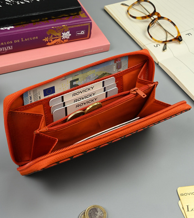 Portemonnaie Damen im Federmäppchen-Stil mit geprägter Struktur, Echtleder