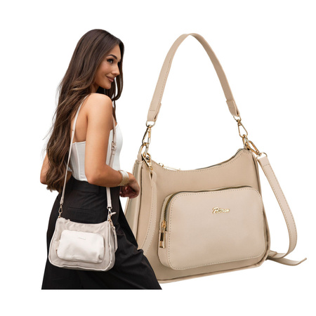 Beige Damen-Umhängetasche aus Nylon und Öko-Leder, aufgehängt an Griffen und einem abnehmbaren Gürtel – Peterson