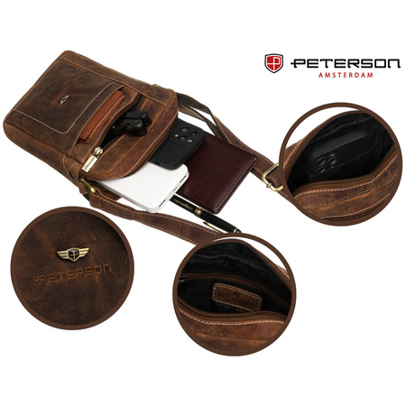 Herren-Umhängetasche aus Leder in Braun mit Reißverschluss - Peterson