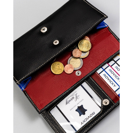 Große, schwarze Damen Geldbörse aus Leder mit Druckknopf – Rovicky