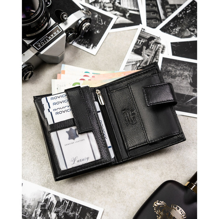 Große Herren-Geldbörse aus echtem Leder in Schwarz, passend für Fahrzeugschein, mit Druckknopfverschluss - Rovicky