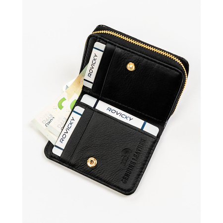 Damen-Geldbörse aus Leder in Schwarz mit Reißverschluss und Druckknopf – Rovicky