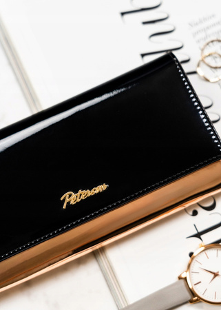 Schwarz-goldene Damen Geldbörse aus echtem Leder mit lackierter Klappe – Peterson