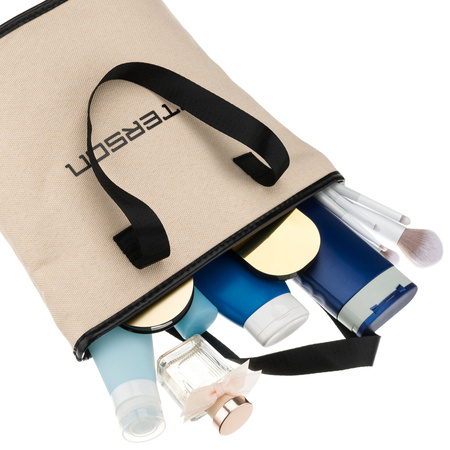 Beige-schwarze Kosmetiktasche aus synthetischem Gewebe, ausgestattet mit Griffen, mit Reißverschluss zu schließen - Peterson