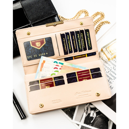 Beige Damen-Geldbörse aus Öko-Leder mit Druckknopf- und Reißverschluss – Peterson