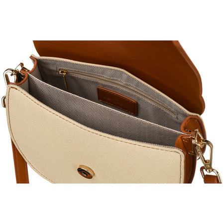 Kleine Damenhandtasche in Hufeisenform in den Farben Ecru und Braun, mit Magnetclip verschließbar – Peterson