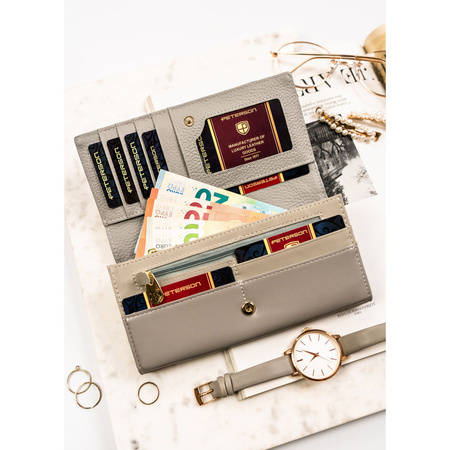 Horizontale Damen Geldbörse aus Echtleder mit buntem Blumenmuster und Druckknopfverschluss – Peterson