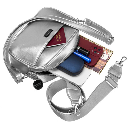 Modische silberne Damen Umhängetasche mit breitem und schmalem Schulterriemen im Set – Peterson