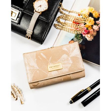 Beige Damen-Geldbörse aus Natur- und Öko-Leder mit Pflanzenmuster, verschließbar mit Bügel und Druckknopf - Peterson