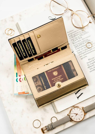 Klassische Damen Geldbörse aus echtem Leder in Schwarz-Gold mit Druckknopf und Bügelverschluss – Peterson