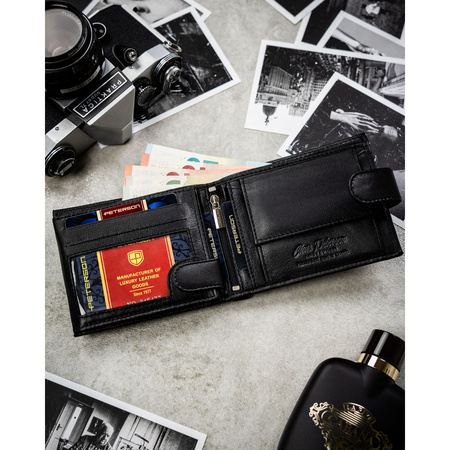 Große Herren-Geldbörse aus Leder in Schwarz mit Druckknopfverschluss – Peterson