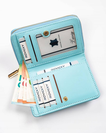 Geräumige Damen Geldbörse in Hellblau mit Druckknopf und Reißverschluss – Rovicky