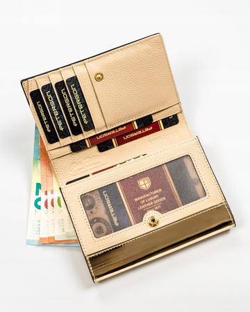 Klassische Damen Geldbörse aus echtem Leder in Schwarz-Gold mit Druckknopf und Bügelverschluss – Peterson