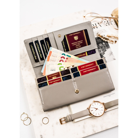 Große, horizontale Damen Geldbörse mit Druckknopf aus lackiertem Echtleder mit Blumenmuster – Peterson