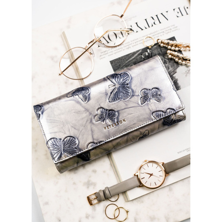 Geräumige Damen Geldbörse aus echtem Leder in Silber mit Druckknopf – Peterson