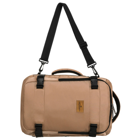 Reise-Rucksack aus Polyester in Beige, aufgehängt an atmungsaktiven Trägern – Peterson