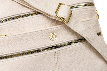 Damen-Umhängetasche aus Öko-Leder in Beige mit Reißverschlüssen auf der Vorderseite - Rovicky