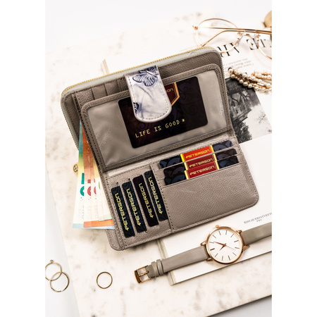 Große, vertikale Damen Geldbörse aus echtem Leder in Silber mit geprägten Schmetterlingen – Peterson