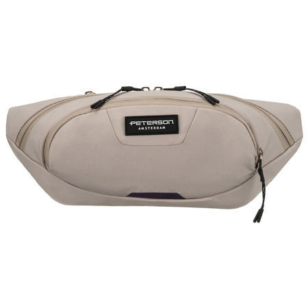 Praktische, hellgraue Sporttasche aus Polyester, aufgehängt an einem verstellbaren Gürtel – Peterson