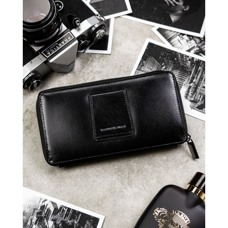 Schwarze, zweifach unterteilte Herren-Handgelenktasche aus Leder mit RFID-System – Rovicky