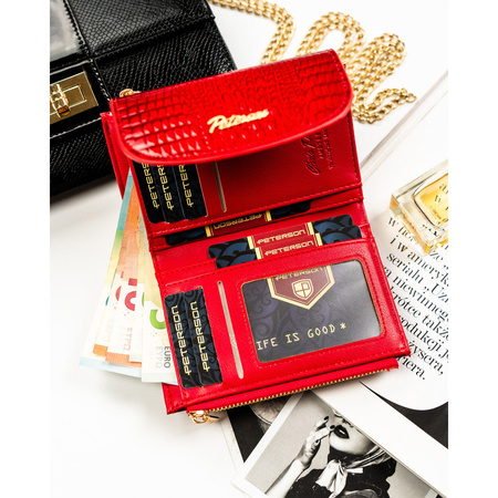 Horizontale, rote Damen-Geldbörse aus Öko-Leder mit Krokodil-Prägung – Peterson