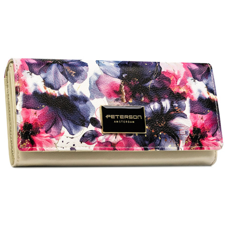 Elegante Damen-Geldbörse mit Blumenmuster aus Natur- und Öko-Leder mit Druckknopfverschluss - Peterson