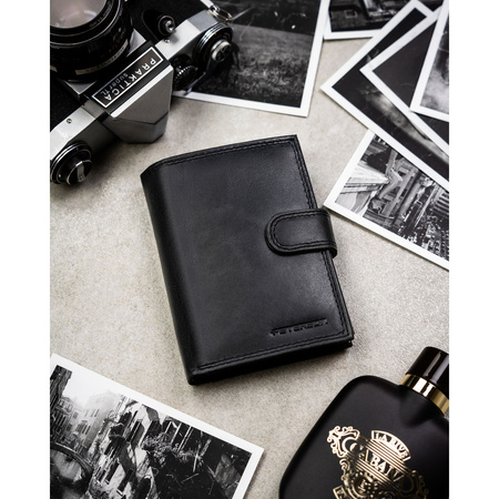 Vertikale Herren-Geldbörse aus echtem Leder in Schwarz mit Druckknopfverschluss - Peterson