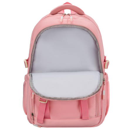 Modischer Schulrucksack aus Polyester in Rosa, an verstellbaren Trägern hängend - Peterson