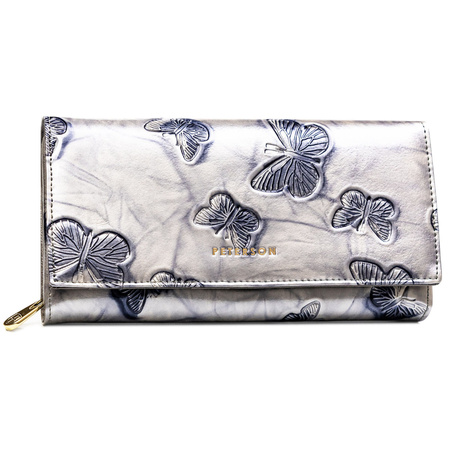 Geräumige Damen Geldbörse aus echtem Leder in Silber mit Druckknopf – Peterson