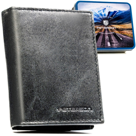 Vertikale, schwarze Herren-Geldbörse aus echtem Leder mit RFID-System – Peterson