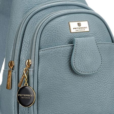 Blau stylische Damen Gürteltasche klein aus Öko-Leder mit goldfarbenen Beschlägen, Crossbody – Peterson
