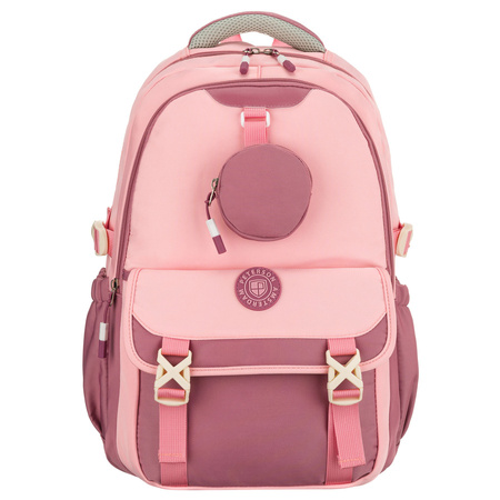 Geräumiger Schulrucksack aus Polyester in Rosa, aufgehängt an verstellbaren Trägern – Peterson