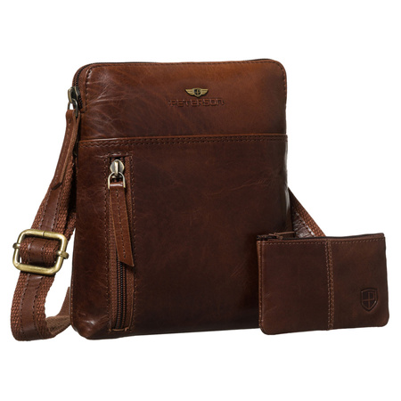 Braune Herren-Umhängetasche aus Echtleder, einkammerig und mit Reißverschluss – Peterson