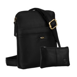 Schwarze, praktische Herren-Umhängetasche aus Naturleder mit Außentaschen und Etui im Set – Peterson