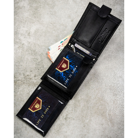 Große Herren-Geldbörse aus Leder in Schwarz mit Druckknopfverschluss – Peterson