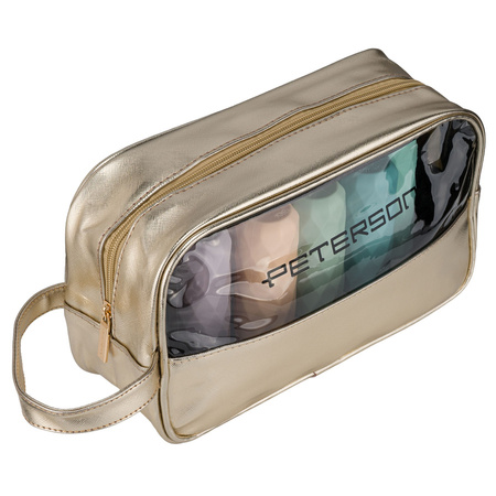 Goldene Kosmetiktasche aus synthetischem Gewebe, ausgestattet mit einem bequemen Griff und einem transparenten Fach – Peterson