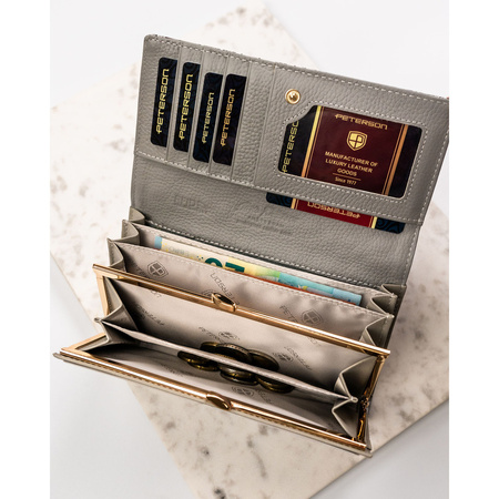 Große, horizontale Damen Geldbörse mit Druckknopf aus lackiertem Echtleder mit Blumenmuster – Peterson