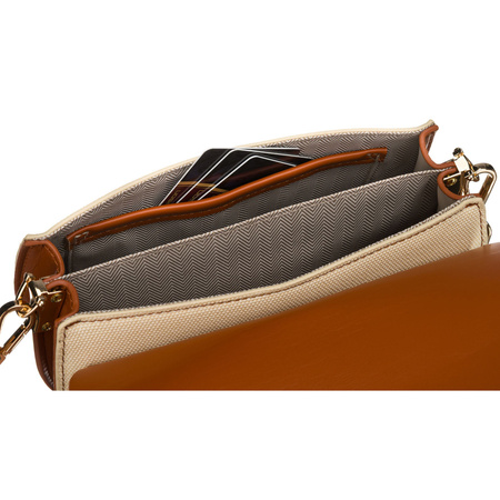 Kleine Damenhandtasche in Hufeisenform in den Farben Ecru und Braun, mit Magnetclip verschließbar – Peterson