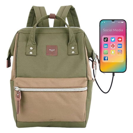 Grün-brauner, wasserdichter Laptop-Rucksack mit USB-Anschluss – Himawari