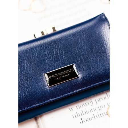 Damen-Geldbörse aus echtem Leder und Öko-Leder in Marineblau mit Druckknopfverschluss und Börsenverschluss - Peterson
