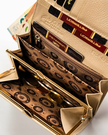 Klassische Damen Geldbörse aus echtem Leder in Schwarz-Gold mit Druckknopf und Bügelverschluss – Peterson