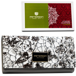 Horizontale Damen Geldbörse aus Echtleder mit buntem Blumenmuster und Druckknopfverschluss – Peterson