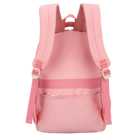 Modischer Schulrucksack aus Polyester in Rosa, an verstellbaren Trägern hängend - Peterson
