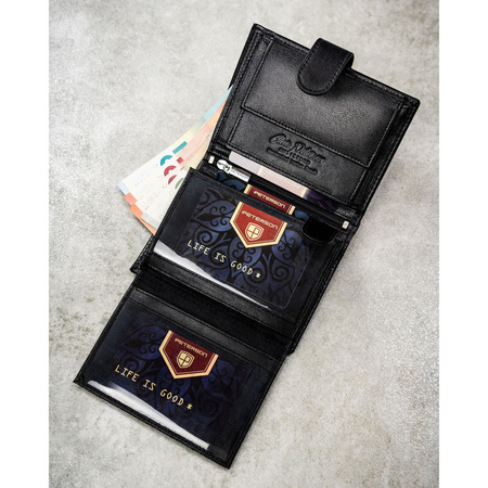 Geschenkset: vertikale Herren-Geldbörse aus Leder in Schwarz und schwarzer Gürtel aus Öko-Leder - Peterson