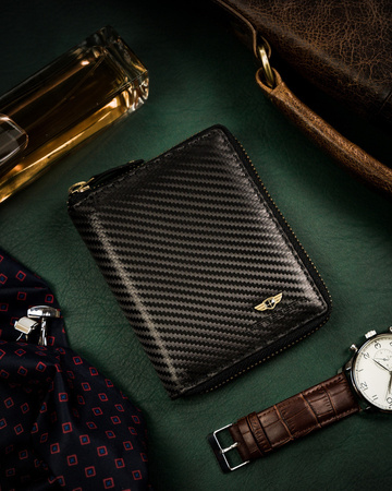 Kompakte Herren Geldbörse mit Reißverschluss im Carbon-Look – Peterson