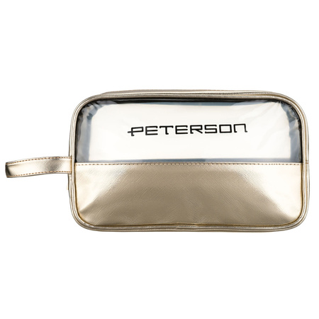 Goldene Kosmetiktasche aus synthetischem Gewebe, ausgestattet mit einem bequemen Griff und einem transparenten Fach – Peterson