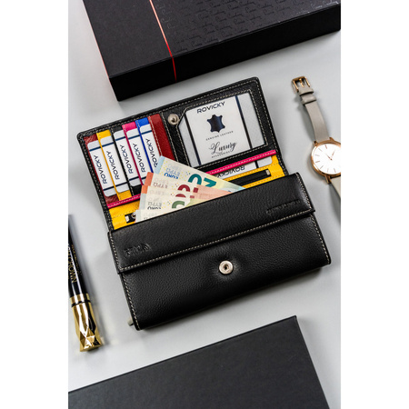 Große, schwarze Damen Geldbörse aus Leder mit Druckknopf – Rovicky