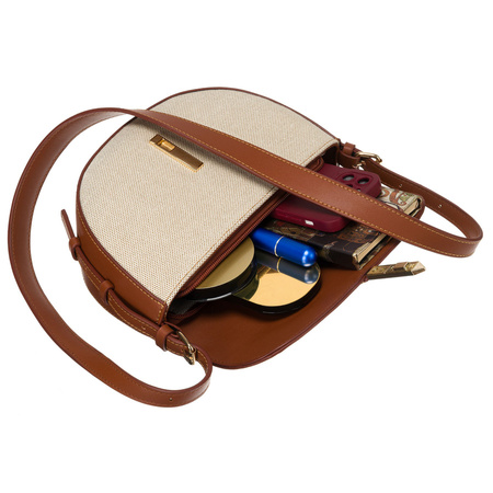 Beige-braune halbrunde Damen Umhängetasche aus Leder und Canvas – Peterson