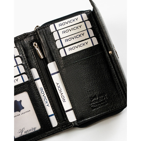 Modische schwarze Damen Geldbörse aus Leder mit Druckknopfverschluss – Rovicky